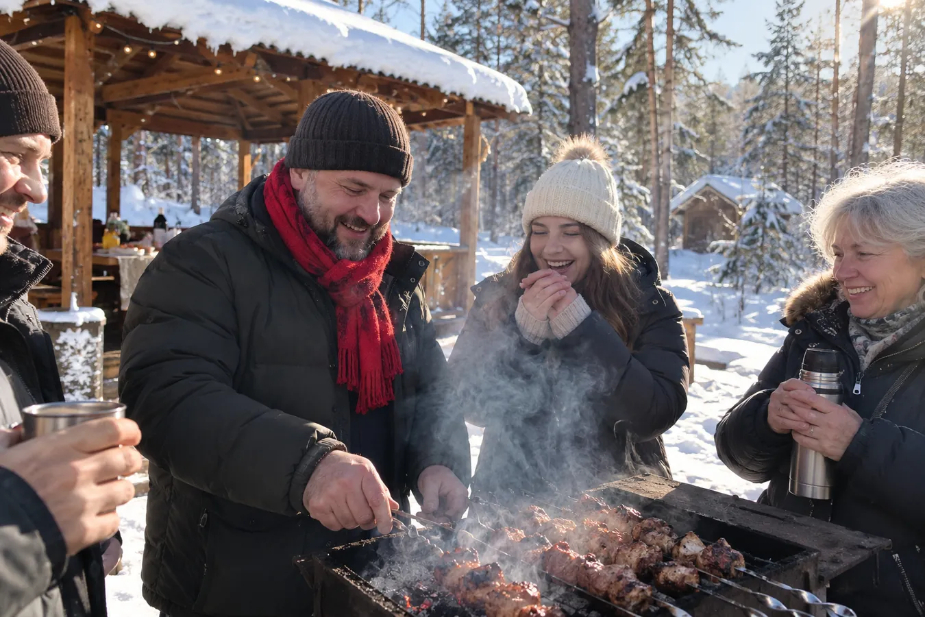 Компания друзей в шапках и куртках жарит шашлык у мангала возле деревянной беседки, вокруг сугробы и сосны